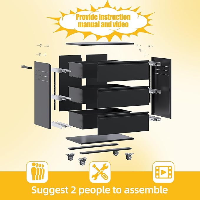 Aobabo Metal Storage Cabinet on Wheels, Black Tool Garage Cabinet with 3 Drawer, for Home Office, Assembly Required