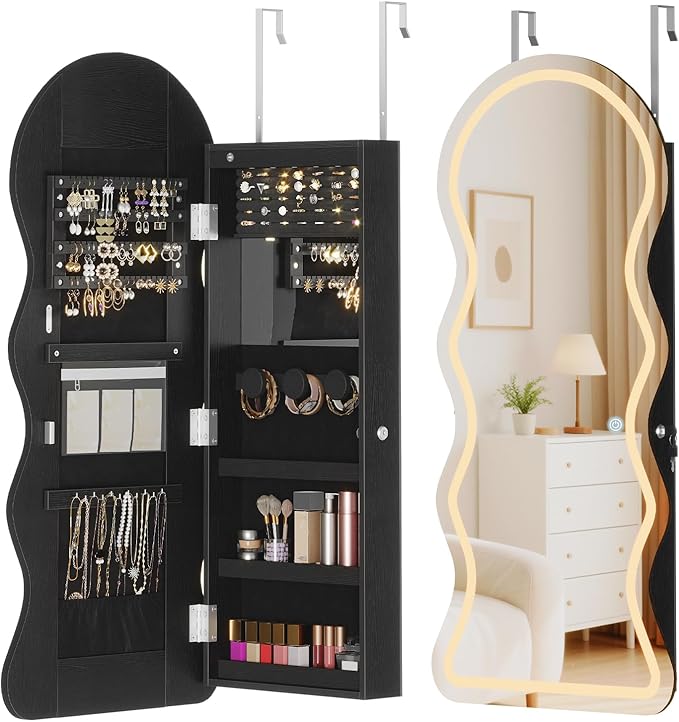 HOOBRO LED Mirror Jewelry Cabinet, Wall/Door Mounted Jewelry Organizer, Jewelry Aromire with Wavy Mirror Full Length, Lockable Cosmetics Storage Cabinet, Interior Mirror, 16.5" x 4.1" x 43.3", Black
