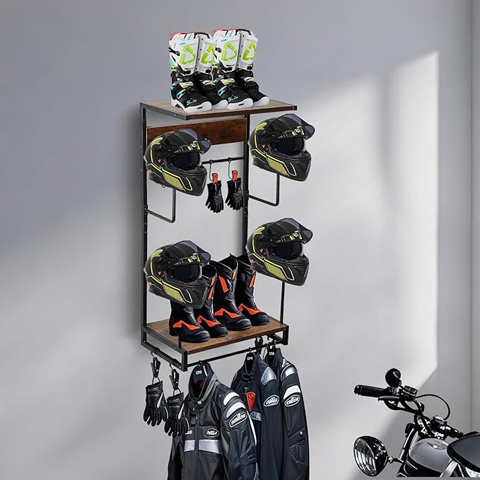 Motorcycle Helmet Rack, Wall Mount with 4 Glove Chips, 10 Hooks and Rustic Finish for Multiple Helmets and Clothes