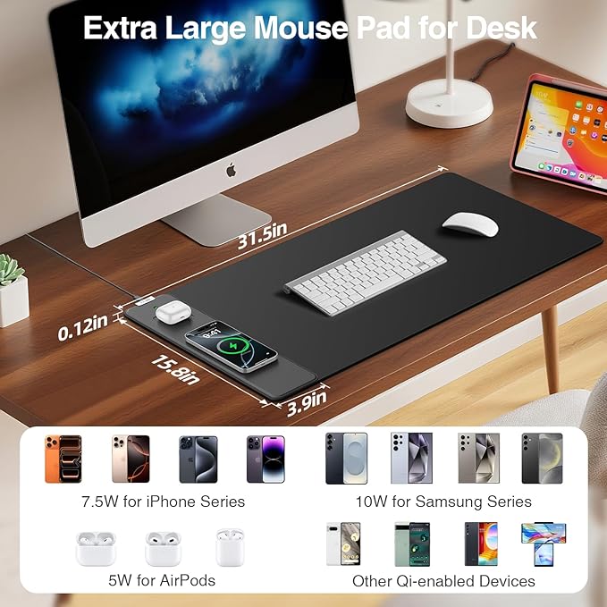 Mouse Pad with Magnetic Wireless Charger, 31.5"x15.8" Large Gaming Desk Mat, Non-Slip Base, Waterproof Ultra-Smooth Keyboard Pad for Gamer, Office & Home, Black
