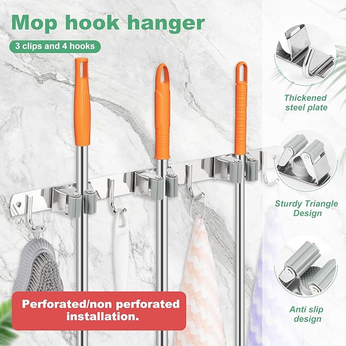 5 Pack Broom Holder Wall Mount 3 Racks 4 Hooks Stainless Steel Broom Mop Holder Anti Slip Storage Rack Strong Load Bearing Waterproof Broom and Mop Organizer Wall Hanging for Bathroom Kitchen Garage