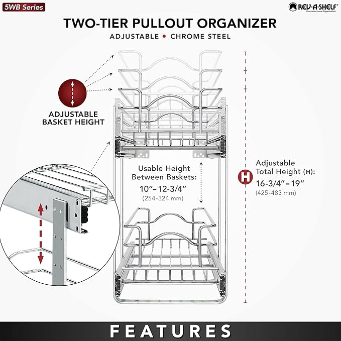 Rev-A-Shelf 2-Tier Kitchen Cabinet Pullout Shelf and Drawer Organizer Slide Out Pantry Storage Basket in Multiple Sizes, 9 x 22 In, 5WB2-0922CR-1