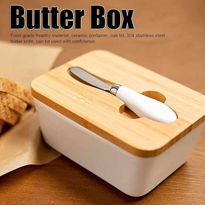 Butter Dish with Wooden Lid, Ceramic Sealed Butter Box Keeper Container Food Dish Storage Tray for Kitchen