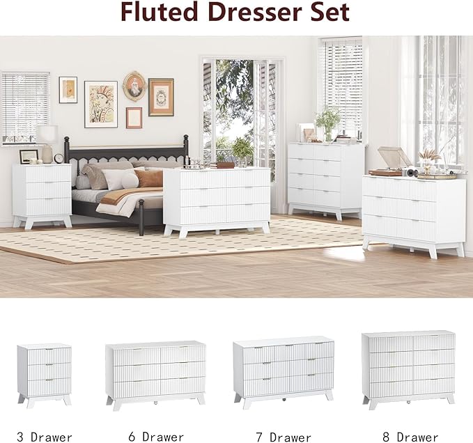 Fluted Dresser for Bedroom,6 Drawer Dresser for Closet,Storage Cabinet and Chest of Drawers with Gold Handle,TV Stand,Storage Organizer for Living Room,Hallway,Entryway,White