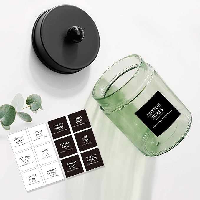 Amolliar Sage Green Qtip Holder, Glass Apothecary Jar Metal Lid & Stickers, Bathroom Qtip Dispenser Storage Canister, Perfect for Cotton Balls, Cotton Swabs, Round Pads, Bath Salt, Floss, Black 4 Pack