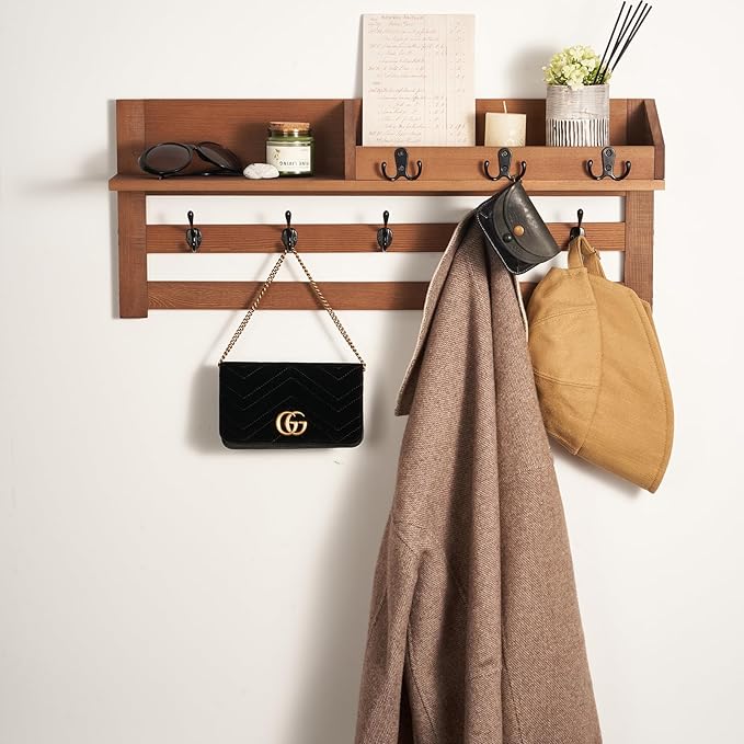 Coat Rack Wall Mount with Hooks & Shelf - Wooden Entryway Organizer for Hanging Coats, Keys, Hangers - Space Saving Durable Wood Holder for Hallway, Bedroom, Office-The Essential Model