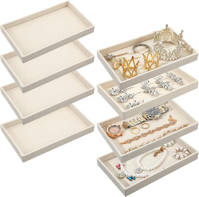 8pcs Small Velvet Jewelry Trays,Beige Stackable Jewelry Trays Drawers Organizer Inserts,Jewellery Storage Tray for Necklaces, Earrings, Rings, Bracelets, 8.3 x 4.9 x 1 Inches