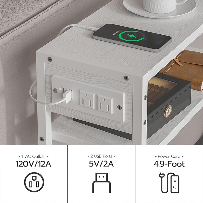 White Side Table with Charging Station, Slim End Tables with Fabric Basket, Skinny Table for Small Spaces, Thin Bedside Table for Living Room, Bedroom