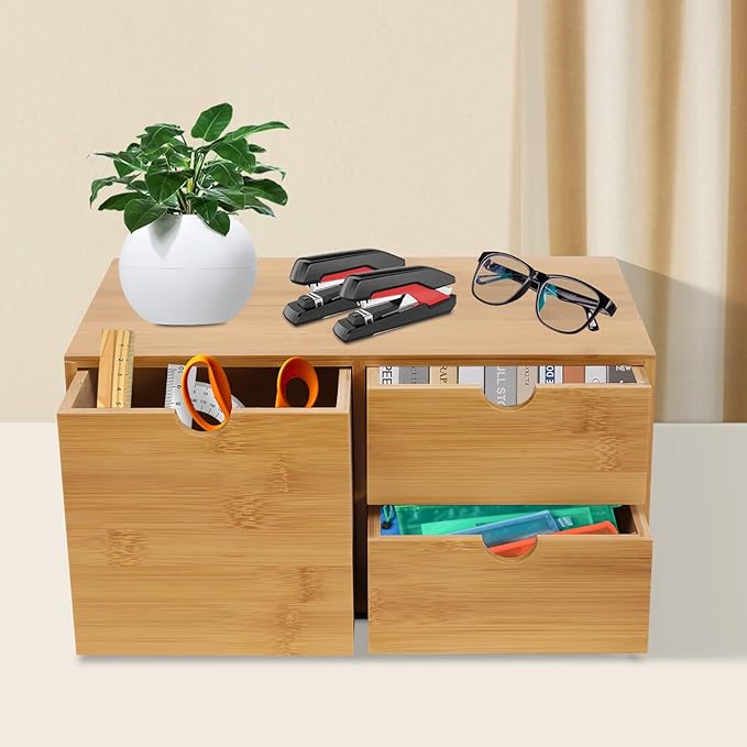 TFCFL Bamboo Desk Organizer with 3 Drawers, Wood Desktop Storage Box for Office Supplies, Natural Bamboo Drawer Organizer with Flat Top for Pen, Mail, Stationery Home Office Organization