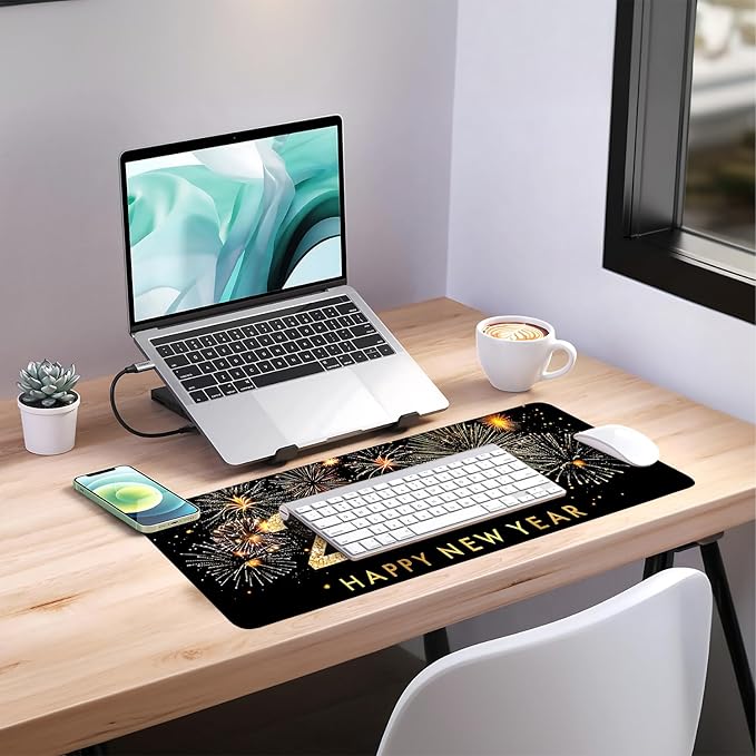 2026 Happy New Year Gaming Mouse Pad 31.5"x11.8"Desk Mat Anti-Slip Rubber Base & Durable Stitched Edges for Gamers Smooth Mouse Writing Surface for Desk Office/Home