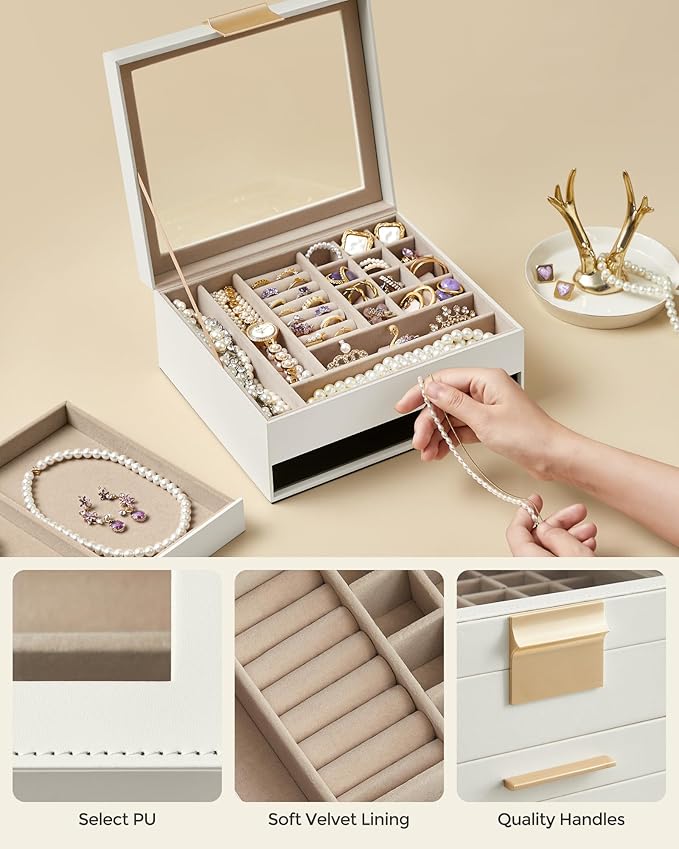 SONGMICS Jewelry Box Organizer with Glass Lid, 2-Layer Jewelry Storage, with 1 Drawer, Modern Style,Christmas Gift, 8 x 9.1 x 4.1 Inches, Cloud White and Gold Color UJBC174W01