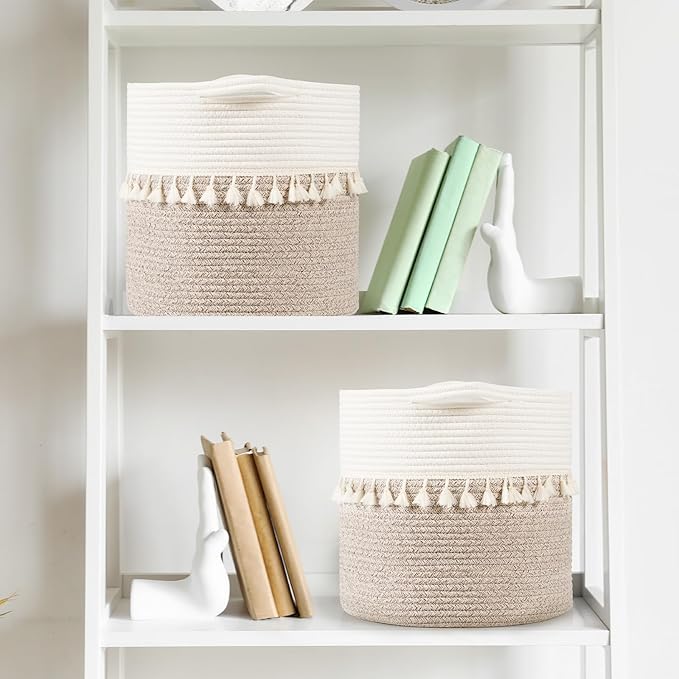 danpinera Storage Baskets, 13"x13" Woven Baskets for Storage, 3 Pack Soft Round Storage Bins for Storage Pillows, Towels, Clothes, White & Mixed Brown