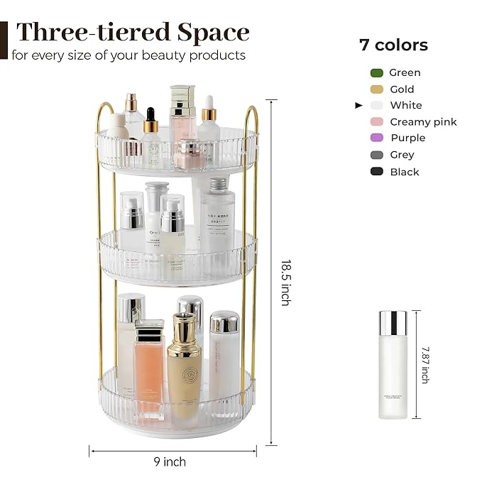 Aveniee Rotating Makeup Organizer for Vanity, 3 Tier Perfume Skincare Organizers and Storage for Bathroom Countertop, Clear Spinning Counter Cosmetic Holder for Dresser,White
