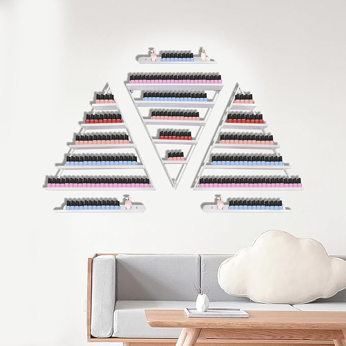 Elegant Gold Wall Mounted Nail Polish Rack - Set of 6 Triangular Cosmetic Display Shelves for Essential Oil Bottles, Organize Your Lipsticks and Perfumes in Style at Home or Salon (White)