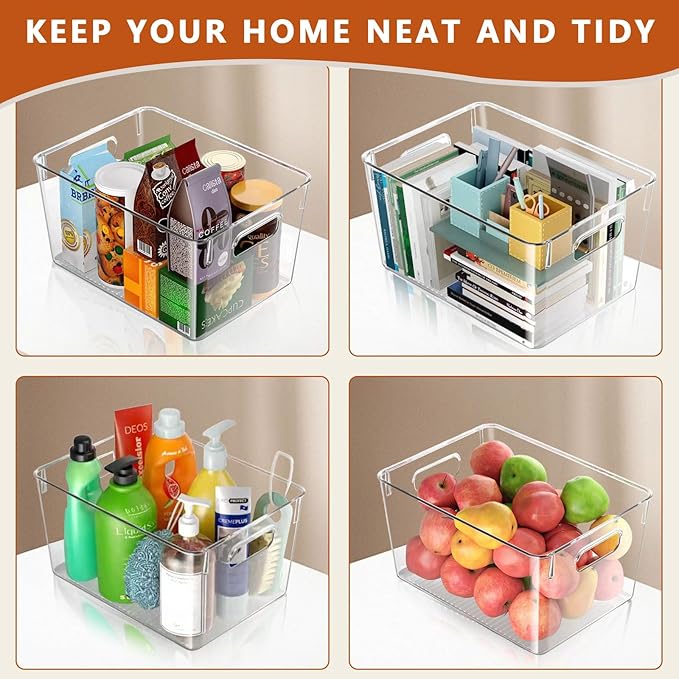 MOONEDGE Open Clear Plastic Storage Bins Stackable Organizer Containers with Handles for Kitchen, Pantry, Fridge, Cabinet, Closet Storage & Home Organization 6 Pack（11 x 8 x 6 in）