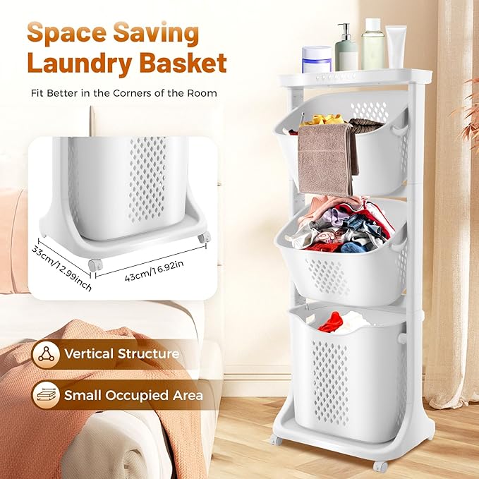 3 Tier stackable Laundry Basket Sorter Portable Rolling Cart Clothes Storage Porous Design With Wheels For Clothes Toiletries Bathrooms Laundry Rooms Bedrooms White