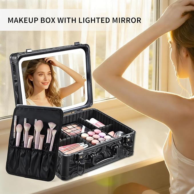 Makeup Case with LED Mirror - Black Fluid-Color Makeup Box with Detachable Lighted Mirror, Travel Cosmetic Train Case Organizer with Adjustable Dividers and Tool Panel for Brushes