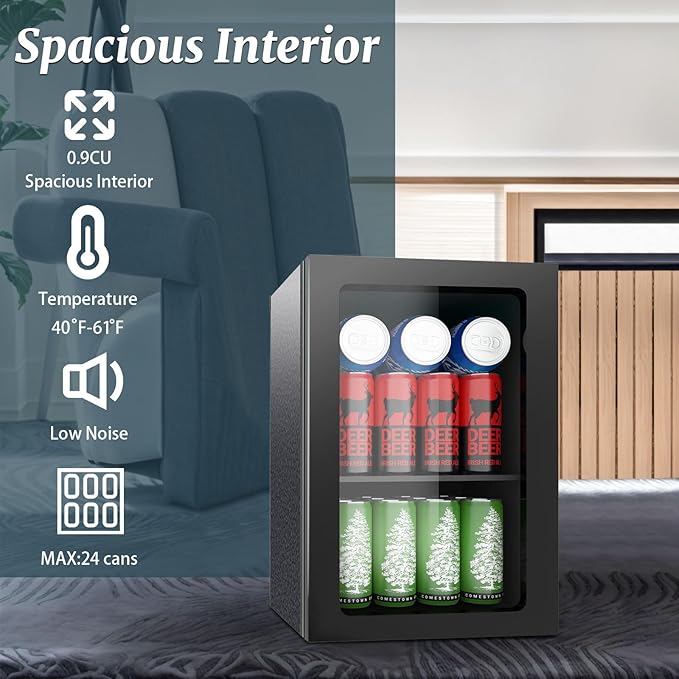 24 Can Mini Fridge - 0.9 Cu.Ft Beverage Refrigerator with Reversible for Soda Wine Beer, Adjustable Temperature Control for Home Office Bar, Black(40-61 ℉)
