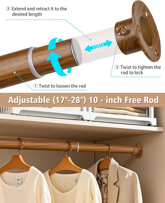 Closet Rods for Hanging Clothes, 17-76 Inch Heavy Duty and Stepless Adjustable Closet Poles, Stainless Steel Closet Hanging Rod for Wardrobes, Laundry Room, Bathroom, RV (Wood-Grain Finish)