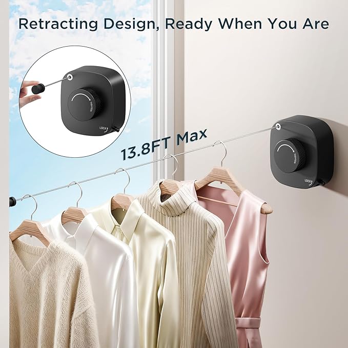 FORIOUS Retractable Clothesline Indoor, 13.8 Ft Non-Sagging Outdoor Clothes Line, Rustproof All Stainless Steel Heavy Duty Clothes Drying Laundry Line, Screw Wall Mounted for Bathroom, Matte Black
