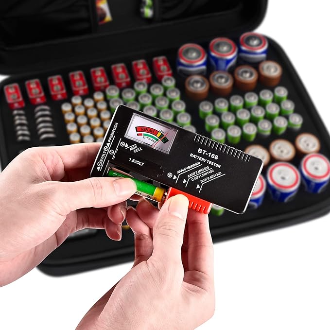 Comecase Hard Battery Organizer Storage Box, Carrying Case Bag Holder - Holds 148 Batteries AA AAA C D 9V - with Battery Tester BT-168 (Batteries are Not Included)