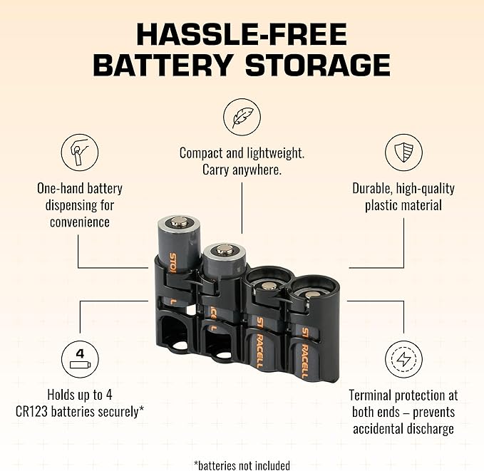 Storacell Slimline CR123 Battery Storage Caddy, Black, Holds 4 Batteries (Not Included)