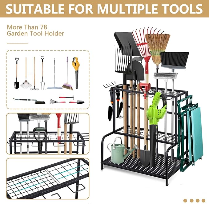 Garden Tool Storage Rack, 3 Tier Heavy-Duty Steel Garden Tool Organizer Stand Up To 70 Long Handled Shovels/Rakes/Brooms, 24×16×26inch Garage Tool Shelf for Shed, Yard, Garage