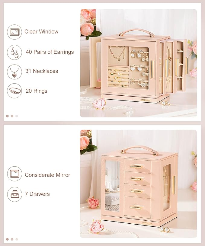 Homde Christmas Gifts Jewelry Box 360° Rotating, Necklace Earring Organizer with Transparent Window, Mirror, 7 Drawers, Large Ring Display Storage Case for Girls Women (Peach Pink)