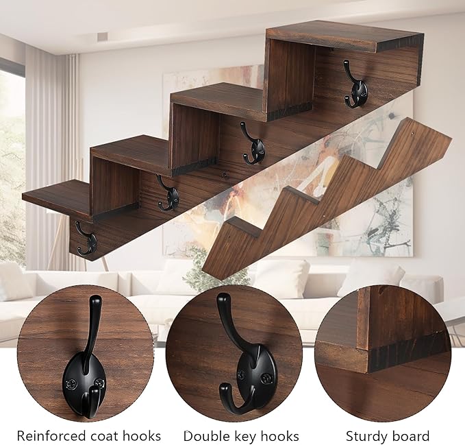 Coat Rack Wall Mount with Shelf, Brown Ladder Shelf with Hooks Underneath, Wall Mounted Rise Wooden shelves for Decorative, 4 Double Hooks for Hanging Coats, Keys, Books, Flowers, Planter, Towels