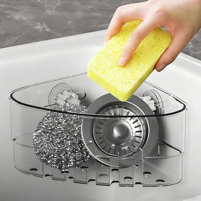 2PCS Suction Cup Sink Corner Rack,2 Size Suction Sinkware Organizer,Triangle Sink Strainer Basket with Drain Hole, Corner Sink Trash Catcher for Leak-Proof Food Waste Catcher for Clean Sink