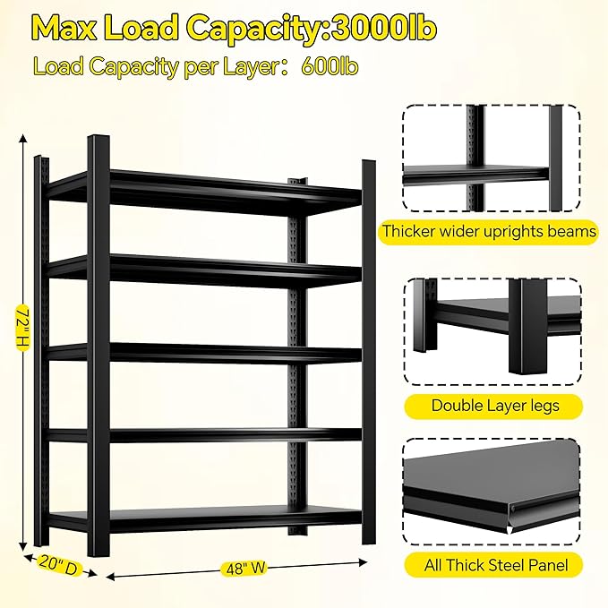 CJF Adjustable Garage Storage Shelves, 5-Tier Garage Shelving Heavy Duty, Metal Industrial Utility Shelf for Warehouse, Kitchen, Laundry Room,Warehouse-Black (71 "H x 47" W x 20" D)
