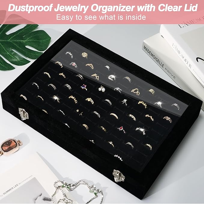 Ring Organizer for Jewelry, Ring Holder Box with Clear Lid, Dustproof Velvet Rings Display Tray Storage Case, 100 Slot Glass Top Jewelry Tray Drawer Insert for Multiple Rings Studs Earring (Black)