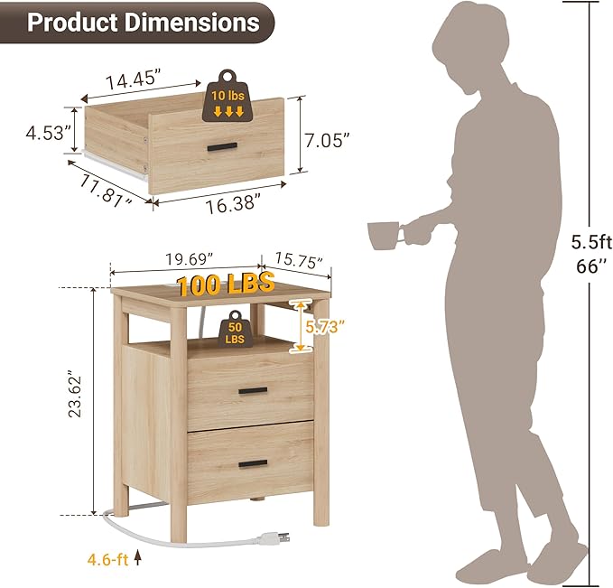 Night Stand with Charging Station, 20" Large Modern Side Table with Solid Round Post Legs, 2 Drawers End Table with Open Shelf, Nightstand with Storage for Bedroom, Natural Oak