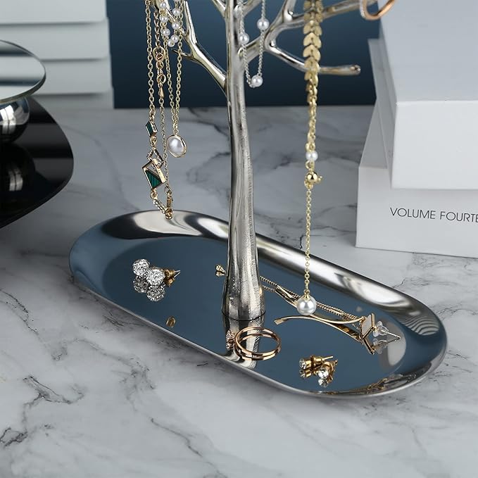 MORE&LESS Branch Jewelry Rack with metal tray,Luxury color,Tree Tower Rack Hanging Organizer for Ring Earrings Necklace Bracelet,Suitable for living rooms, bathrooms,offices,etc.