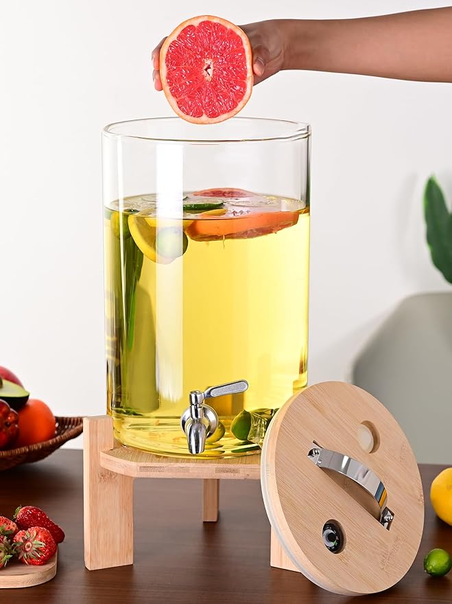 Glass Drink Dispenser, 2.9 gallons, With faucet wood stand Easy flow control, great for parties, bars & restaurants Large Glass Cold Beverage Dispensers.(2.9 gallon)