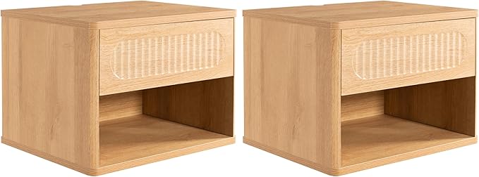 Floating Nightstands with Drawer Set of 2, Modern Wall Mounted Bedside Tables for Bedroom, Space Saving Storage Cabinets, Easy Install Hanging Shelf Night Stands for Small Spaces (Natural)