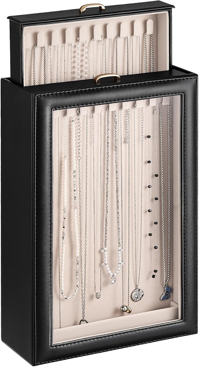 Lolalet Necklace Organizer Box, 2-Layer Jewelry Storage Boxes with Clear Lid for Necklaces, Tangle-Free Necklace Display Case for Women Girls -Black