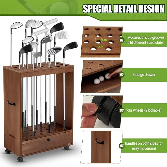 27 Hole Golf Club Stand Holder Wooden Golf Club Organizer Putter Display Rack with Storage Drawer and Wheel for Indoor Home Office Simulator Garage