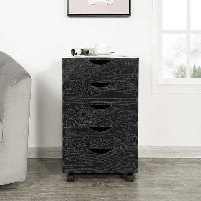 Naomi Home 5-Drawer Mobile Storage Cart Under Desk - Rolling Organizer with Lockable Wheels, Distressed Black Engineered Wood for Dorm Office Apartment, 15.7 x 15.7 x 26 Inches