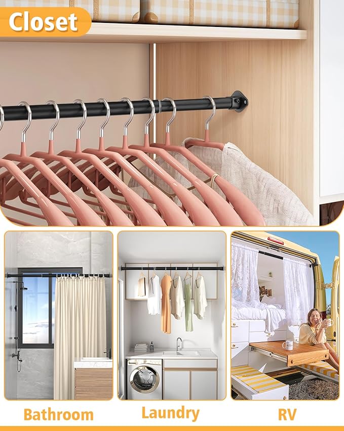 Closet Rod, 17 to 28 Inch Heavy Duty Adjustable Metal Clothing Rack for Hanging Clothes, Closet Poles for Wardrobes, Laundry, Durable Steel, Black