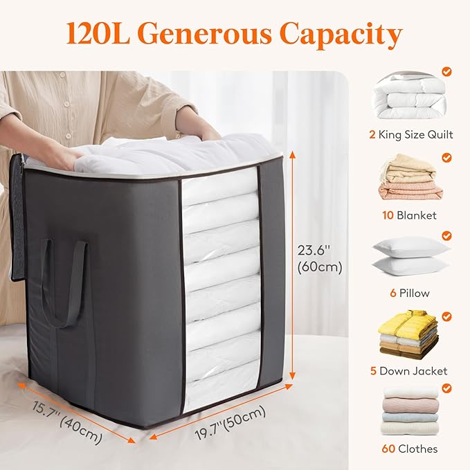 Lifewit Extra Large Blanket Comforter Storage Bags with Reinforced Handles for Bedding, Sheet, Foldable Clothes Storage Containers for King Size Quit, 120L Linen Moving Bag 4 Pack