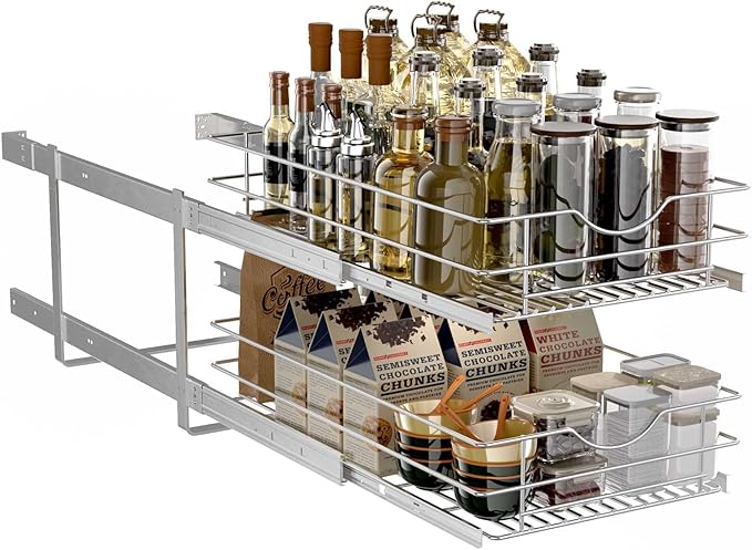 2 Tier Pull Out Cabinet Organizer,(8½"W x 22" D) Soft Close Slide Out Drawer For Kitchen Base Cabinet, Individual Pull Out Shelf, Roll Out Pantry Organization, 22 Inch Deep