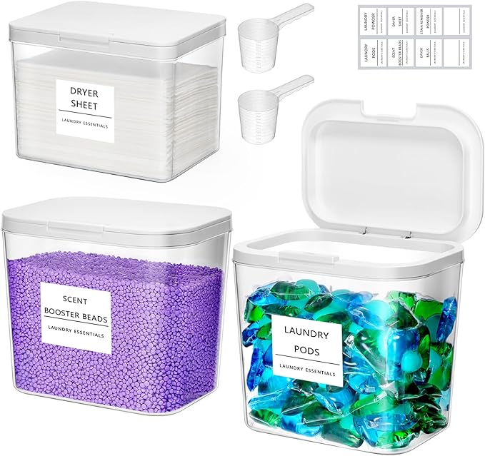 Lifewit 2+1 Laundry Pods Container & Dryer Sheet Holder, Large Powder Detergent Dispenser Storage Jars, Laundry Room Containers for Scent Booster Beads with Pop up Lids, Labels and Scoop