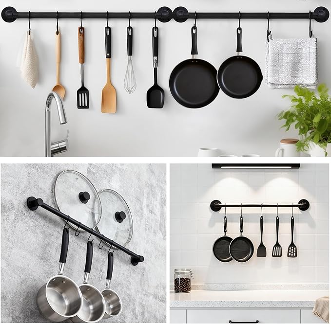 Pan Pot Lid Organizer Set of 2 Wall Mounted Industrial Pipe Kitchen Hanger Rack For Pan Pot Lid Utensils Mugs Kitchen Storage Hanging Bar With 10 Hooks