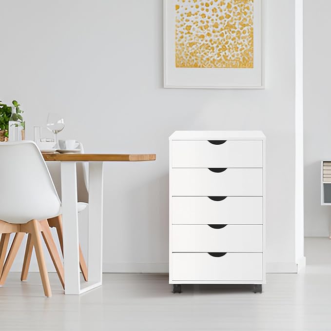 Naomi Home Taylor 5 Drawer Chest, Wood Storage Dresser Cabinet with Wheels, Craft Storage Organization, Makeup Drawer Unit for Closet, Office File Cabinet 180 lbs Total Capacity - White