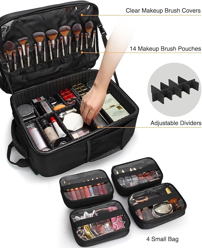 TANTO Makeup Backpack Makeup Artist Bag Professional Extra Large Cosmetic Bags Travel Train Case Storage Organizer Double-Layer Cosmetic Case with 4 Pouch and Brush Organizer (Black, two piece)
