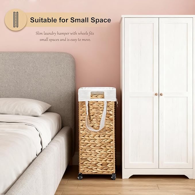 Rolling Laundry Hamper with Wheels, Slim Laundry Basket with Removable Liner Bag & 2 Mesh Bags, Handwoven Water Hyacinth Clothes Hamper for Bedroom Bathroom (Natural, 65L)