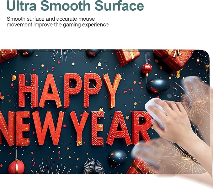 Happy New Year Gaming Mouse Pad 31.5"x11.8"Desk Mat Anti-Slip Rubber Base & Durable Stitched Edges for Gamers Smooth Mouse Writing Surface for Desk Office/Home