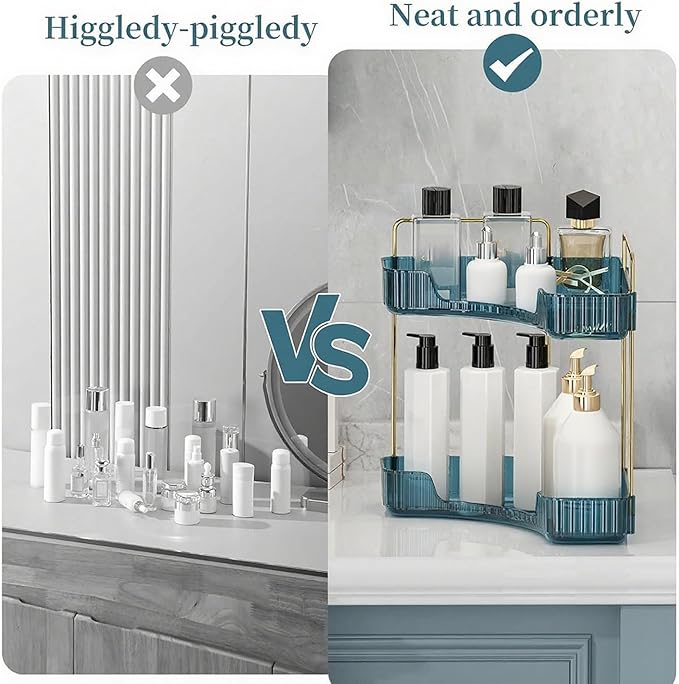 Corner Bathroom Countertop Organizer, Vanity Organizer Trays for Counter, Makeup Organizers, Perfume Tray, Skincare Shelf Storage Gifts for Women Girl Student (Blue, 2 Tiers)