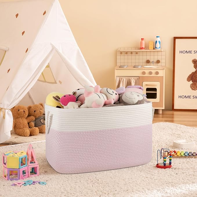 95L Extra Large Blanket Basket with Lid, 24" x 16.9" x 14.2" Woven Storage Basket for Living Room, Rectangle Nursery Blanket Storage for Toys, Towels, Dirty Clothes, Pink & White